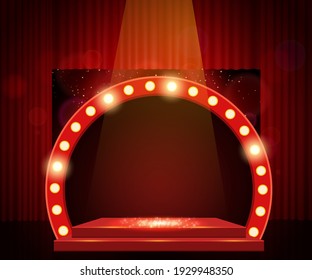 Background with red curtain, podium and retro arch banner. Design for presentation, concert, show. Vector illustration
