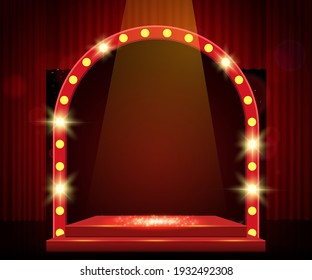 Background with red curtain, podium and retro arch banner. Design for presentation, concert, show. Vector illustration