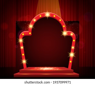 Background with red curtain, podium and retro arch banner. Design for presentation, concert, show. Vector illustration