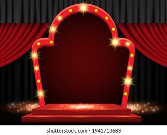Background with red curtain, podium and retro arch banner. Design for presentation, concert, show. Vector illustration