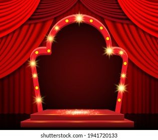 Background with red curtain, podium and retro arch banner. Design for presentation, concert, show. Vector illustration