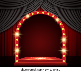 Background with red curtain, podium and retro arch banner. Design for presentation, concert, show. Vector illustration