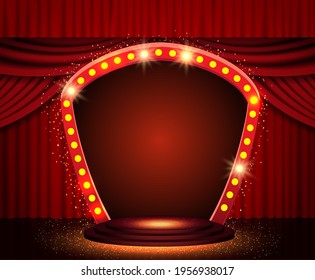 Fondo con cortina roja, banner de podio y arco retro. Diseño para presentación, concierto, show. Ilustración del vector
