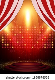Background with red curtain, podium and spotlights. Design for presentation, concert, show. Vector illustration