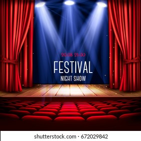 Background with a red curtain and a spotlight. Festival night show poster. Vector. 
