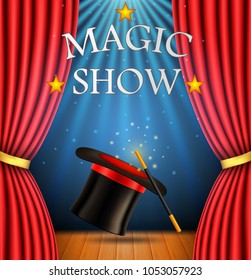 Background with a red curtain and a spotlight with Realistic magic hat with magic wand for magic show . vector illustration