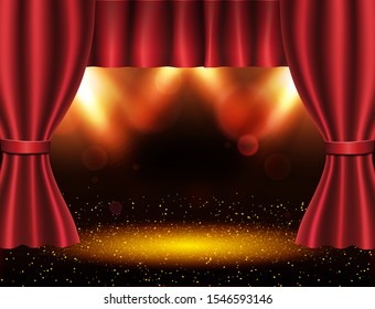 Background with red curtain and spotlights. Design for presentation, concert, show. Vector illustration