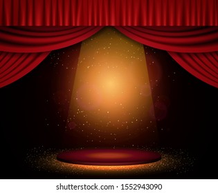 Background with red curtain and spotlights. Design for presentation, concert, show. Vector illustration
