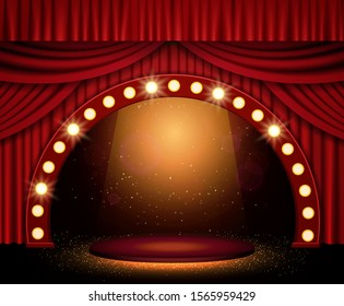 Background with red curtain and spotlights. Design for presentation, concert, show. Vector illustration