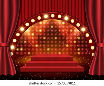 Background with red curtain and spotlights. Design for presentation, concert, show. Vector illustration