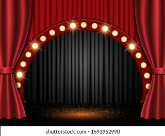 Background with red curtain and spotlights. Design for presentation, concert, show. Vector illustration