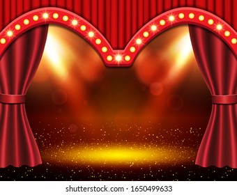 Fondo con cortina roja y focos. Diseño para presentaciones, conciertos, espectáculos. Ilustración del vector