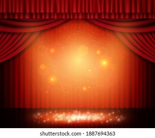 Background with red curtain and spotlights. Design for presentation, concert, show. Vector illustration