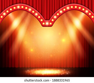 Background with red curtain and spotlights. Design for presentation, concert, show. Vector illustration
