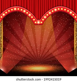 Fondo con cortina roja y focos. Diseño para presentación, concierto, show. Ilustración del vector