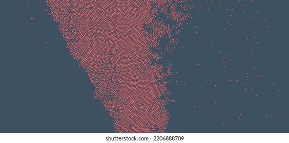 Background of red dots randomly moving on backdrop. Chaotic concentration and dispersion of small rounds. Dotted template. Stylish banner with spots. Dynamic vector illustartion.