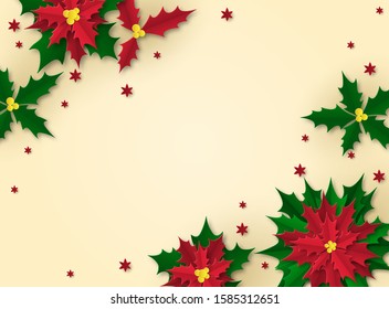 Background with a red flower. Christmas poster in paper art style. Poinsetia with green and red leaves. Place for text.