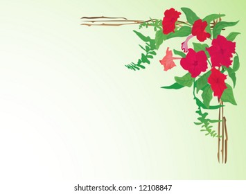 Background with red flowers, leaves and frame.