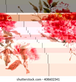 Background with red flowers and stripes in style glitch-art. Vector illustration.