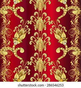 Background with red gradient and golden doodles flowers. Vector illustration.