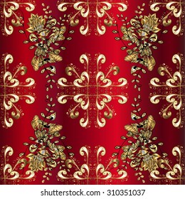 Background with red gradient and golden doodles flowers. Vector illustration. 