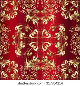 Background with red gradient and golden doodles flowers. Vector illustration.