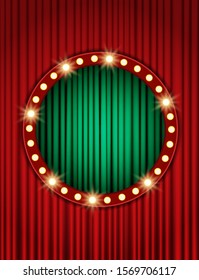Background with red and green curtain. Design for presentation, concert, show. Vector illustration