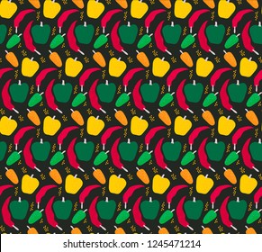 Background with red, green, and yellow chilli peppers with seeds vector