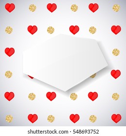 Background with red heart and gold glittering circles . Vector illustration