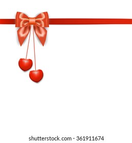 Background with red hearts, bow and ribbon