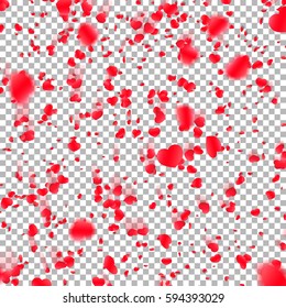 Background with red hearts falling confetti, flower petals in the shape of hearts on a transparent background. Vector Illustration International Women's Day, Valentine's Day.