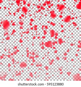 Background with red hearts falling confetti, flower petals in the shape of hearts on a transparent background. Vector Illustration International Women's Day, Valentine's Day.