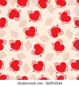 A background from red hearts with flowers. Vector illustration.
