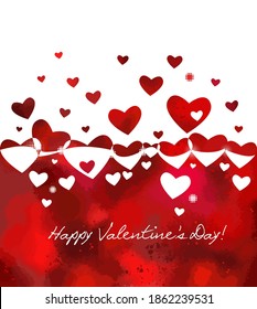 The background is red with hearts. Happy Valentine's Day. Mixed media. Vector illustration