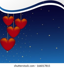Background of red hearts isolated on blue, vector
