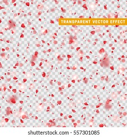 Background of red hearts petals falling. Symbol of love for the label gift packages. Confetti decor pink element for greeting cards.