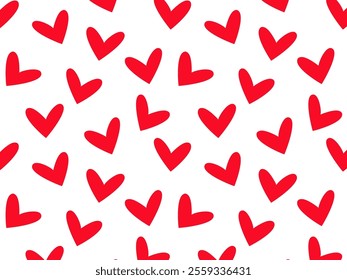 Background with red hearts. A seamless pattern in a vector. Valentine, a symbol of love and romance for Valentine's Day and weddings. Bright print for packaging and fabric. Cute red hearts on a white 