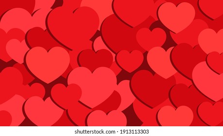 Background with red hearts, hearts wallpaper. Vector background, pattern for use in holiday designs for Valentine's Day.