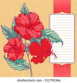 background with red hibiscus with frame for text 
