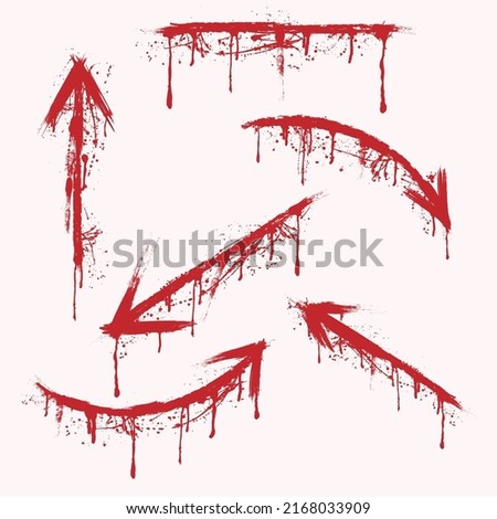 Background with red ink blots wound arrows. Blood splash direction wallpaper. Flat spray of grunge liquid