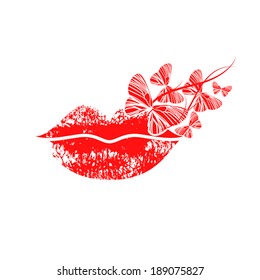 Background with red lips and butterfly for your design. Decorative silhouette elements isolated on white background. Vector fashion sketch. 