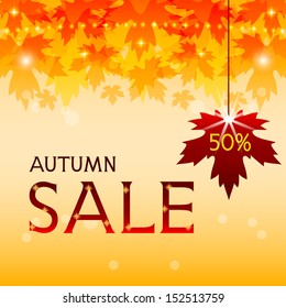 Background with red maple leaves and inscription autumn sale 50%. Vector illustration.