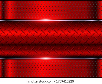 Background red metallic, 3d chrome vector design with diamond plate sheet metal texture.