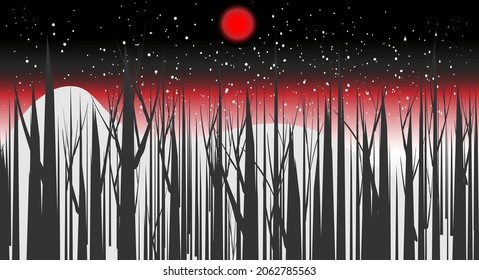 Un fondo de luna roja mirando por las ramas de los árboles, por la noche. Las estrellas brillan y está nevando. Ilustración vectorial.