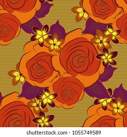 Background of a red, orange and brown painted roses. Vector floral seamless pattern.
