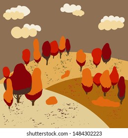 Background with red, orange, brown and yellow landscape. Autumn hills. Flat cartoon style. Vector illustration. 