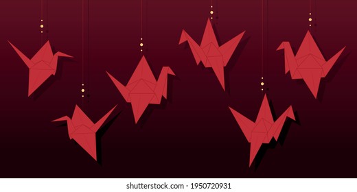 Fondo con grúas de origami de papel rojo. Ilustración vectorial.