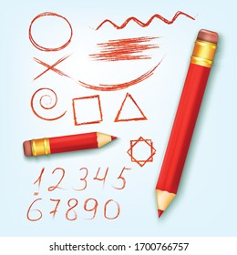 background with red pencil and balls of various shapes and numbers, collection for school layouts. Element for decoration the first of September, school, lessons
