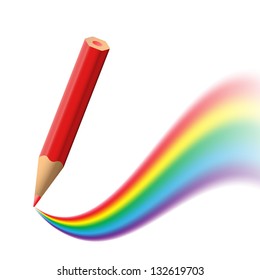 Background With Red Pencil Painting Rainbow. Conceptual Illustration. EPS10 Vector.