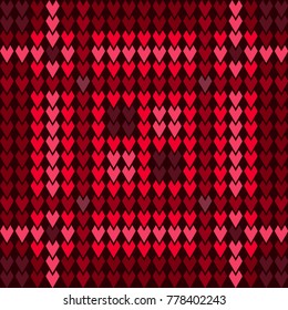 Background of red and pink geometric hearts reminding knitted fabric or blanket